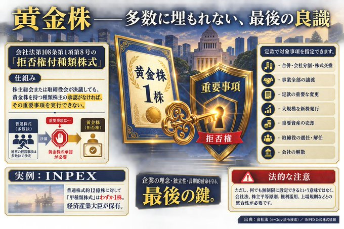 IncentiveViolin's tweet photo. ⑥
ファウンダー伴侶間の持ち株割合比較
（黄金株とデュアルクラス株など）
https://t.co/scZq0VRlaJ

✴️Ｄｒ．大垣洋ＡＳＩシリコンカラー
（ユニヴァーシティー・グレード・）
スペースコーン🌌コーアポレーション・プレジデント♪＠オルソケラトロジー治療実践中♪

✴️【オンライン洋間（Hiroshima）スープリーム・
パーフェクト・ダブルヴィクトリー✌✌サイン書斎
Ｕｎｉｖ株式会社】♪

━━━━━━━━━━━

Ｑ．スペースコーンを最終形態とシテ、
ＩＰＯを前提とせず―

ＩＰＯデケてもワザとＩＰＯを高潔としない
ユニコーン企業株式会社Ｕｎｉｖ．の
ファウンダー男性とプレジデントの連帯畏友盟友伴侶
女史が―

いわゆる

①ファイナル拒否権付き株
＝黄金株
＝Ｇｏｌｄｅｎ　Ｓｈａｒｅ
（ゴールデンシェア）

および

②１株１０議決権などの
デュアルクラス株式
をホールドする場合における

「揉めにくい推定ベスト持ち株割合」と
「其の理由」をかなり簡潔に頼みます♪

※またヌッポンの弁護士資格に加え
米国ＣＡ州およびＮＹ州の弁護士資格も

ホールドしてはるコーアポレイトロイヤーを立てて
新株エクイティーファイナンスに

ご協力くださる日米の株主諸兄諸姉諸賢には―
インヴェストに診合うまともな特典付きの

「議決権制限株式１００％」 と云う設計は、
まあ客観的メリット次第でしょうけども無理筋
なのかなあ？

どうしても議決権付き新株を要求すると云わはるなら

会社の安定的成長と繁栄にマイナス影響の及ばない

範囲内なら多少は考慮いたしますけども。

━━━━━━━━━━━━━━━━━━

Ａ．
結論として、非上場・譲渡制限会社を維持するなら、
推定案は次です。

### 揉めにくい推定持株割合

ファウンダー男性３４％、経営主導権＋高議決権株
伴侶女史１７％、重要事項限定の拒否権株＋高議決権株
外部投資家４９％、原則として議決権制限株式
**二人合計５１％**なので経済的にも創業者側が

過半数を維持し、男性３４％・伴侶女史１７％と
することで、

**完全対等型の５０対５０による膠着を避けられる**
のが主な理由です。

ただし、最も大切なのは比率より、次の設計です。

* 黄金株を二人へ同じ内容で１株ずつ与えない

→どちらか一人の反対だけで永久停止する危険が
あります。

* 伴侶女史の拒否権は、合併・会社売却・解散・
事業目的の根本変更などへ限定

* 通常の予算・採用・契約・資金調達はプレジデント
主導

* 離婚・死亡・判断能力喪失・競業・株式譲渡時の処理を定款・株主間契約に明記

* 創業者株には譲渡承認、先買権、強制売渡し・
普通株転換条件を設定

なお、日本会社法上の「１株１０議決権」は
米国式そのままではなく、

 通常は**種類ごとに単元株式数を変える方法などで、
 実質的な議決権格差を作る設計**になります。
 
東証も、議決権の多い株式を５０株で１議決権、
 少ない株式を１００株で１議決権とする例を説明しています。
 
[東証・２０２６年版グロース市場上場ガイド]
https://t.co/cwJXBW0dRd

### 投資家株式を「議決権制限株式１００％」に
する案

**無理筋ではありません。非上場の譲渡制限会社なら、
 十分に成立し得る設計です。**

ここでの「１００％」は、

> 外部投資家へ新規発行する株式の全部を議決権制限
株式にする

という意味です。

会社全体の株式を全部無議決権にする意味では
ありません。

ただし投資家側には、議決権の代わりとなる経済的・
契約的メリットが必要です。

* 優先配当
* 残余財産の優先分配
* 会社売却時の参加権
* 希薄化防止条件
* 情報請求権・定期報告
* 取締役会オブザーバー権
* 一定の重大事項だけの同意権
* 償還請求権または普通株式への転換権

したがって、表現としては、

> **経営支配権は創業者側に留保する一方、
 外部投資家には投資額とリスクに見合う優先的経済権および
 限定的保護権を付与する。**

が最も通りやすいです。

注意点として、将来「公開会社」になれば、
 議決権制限株式が発行済株式総数の２分の１を
超えた場合に是正義務が生じるため、
 
**非上場・譲渡制限会社を維持する前提**を
定款上も明確にする必要があります。
 
 上場制度でも議決権種類株式には強い投資者保護上の制約があります。
 
 法務省・会社法制要綱
 https://t.co/e4rsQE4lOK
 
 東証・上場審査基準
 https://t.co/O4HivOtamA

最終推定としては、

> **男性３４％・伴侶女史１７％・外部投資家４９％。

> 黄金株は一人一個の全面拒否権ではなく、事項別・
条件別に精密限定。

> 投資家株は原則１００％議決権制限付き優先株式。**

が比較的安定的です。
 
 実際の発行では、日本側の会社法・
金商法担当弁護士と米国投資家を募る場合の
米国証券法担当弁護士による個別設計が必要です。
 
 ＣＡ州・ＮＹ州の双方の資格は有力ですが、
 案件ごとに必要な登録州・証券規制への対応力の方が重要です。

━━━━━━━━━━━━━━━━━━

Ｑ．３４％をホールドする伴侶男性プレジデント
または１７％をホールドする伴侶女史が

離婚目的で自分の持ち株を勝手に売却して
 裏切る事もデケるんかなあ？

しょうもないお家騒動シナリオをしかけて
 １０年ぐれーコンピ巻き上げたろ、とか。^^；

なら其れを相互に真っ当牽制デケる事前設計にデケる
んかなあ。

━━━━━━━━━━━━━━━━━━

Ａ．

はい。

事前設計がなければ、
自分名義の株式を第三者へ売ろうとすること自体は
可能です。

また、離婚交渉で持株や拒否権を材料に、
高額買取りを要求するシナリオも考えられます。

しかし、次の「相互牽制パッケージ」で
相当程度防げます。

### 推定ベスト設計

1. **全株式を譲渡制限株式にする**

男性・女史のいずれも、会社の承認なしには
第三者を正式な株主として

会社へ入り込ませられない設計です。

会社法１０７条・１３６条以下に根拠があります。
会社法・e-Gov
https://t.co/qIFbV8kqaP

2. 相互の先買権を設定する

売却希望者は、第三者へ売る前に
同一条件で相手方または会社へ売却を申し出る。

3. 離婚協議開始・別居・競業・重大な信頼違反を
処理事由にする

事由発生時には、高議決権株・黄金株を普通株または
議決権制限株へ自動転換させる設計を検討します。

4. 黄金株は譲渡できない設計にする

本人以外への譲渡、死亡、離婚に伴う離任などで、
会社が取得・消却する取得条項を定める。

5. 買取価格を事前に客観化する

「直近の第三者増資価格」「独立評価機関による
公正価値」などを使用します。

単なる嫌がらせで「１０年間分の報酬を払え」などと
自由に値付けできないようにします。

6. 膠着解消条項を置く

協議→独立専門家による調停→一定期間後の買取り、
という段階的手続にする。

通常業務を黄金株で停止できないよう、
拒否権事項を限定します。

7. 離婚とは別に株式を扱う合意を作る

株主間契約・婚前契約または夫婦財産契約で
会社株式そのものの移転ではなく、
必要なら金銭精算で処理する方針を定めます。

ただし、離婚時の財産分与に関する裁判所の判断を
完全には排除できません。

### 最重要ポイント

**相手が離婚を申し出ただけで株式を没収・
著しく安値で強制取得する条項**は、
無効・公序良俗違反・価格紛争になる危険があります。

したがって、

> 離婚＝没収
> ではなく、

> **離婚等＝黄金株・高議決権の失効または転換＋
経済的株式は公正価格で買取り**
という設計が、最も真っ当で揉めにくいです。

男性３４％・女史１７％の双方へ全面的黄金株を
持たせるより、

**通常経営は男性、会社売却・解散など数項目だけ
双方同意**とする方が安全です。

定款、種類株式要項、株主間契約、夫婦間契約の
四層で、

日米コーポレート弁護士に整合させるのが
よいでしょう。

------------------------------------------------

#ＰａｙＰａｌ終生企業年金
#Ｓｔｒｉｐｅ終生企業年金

#ＰａｙＰａｌライフタイムコーアポレートペンション
#Ｓｔｒｉｐｅライフタイムコーアポレートペンション

#ＯｐｅｎＡＩ年金
#ＧＰＴ年金

#Ｇｏｏｇｌｅ年金
#Ｇｅｍｉｎｉ年金

#サブスク課金型独立終生企業年金システム
#ライフタイム法人サブスク課金キャッシュフローセキュリティシステム

#ＡＳＩフルフィルメントフィロソフィーペンション
#人工超知能サブスク課金型コーアポレートペンション

#ユニコーン企業
#デカコーン企業
#ヘクトコーン企業
#タイタンコーン企業
#ギガコーン企業
#ドラゴンコーン企業
#オメガコーン企業
#スペースコーン企業
