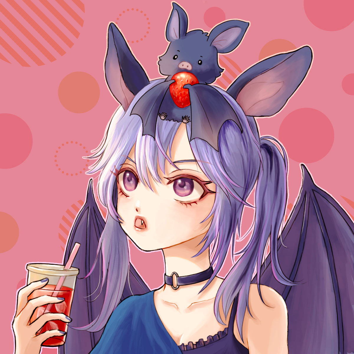 hapira_drawlife's tweet photo. コウモリ娘とコウモリちゃん🦇
手に持っているのは、ただのイチゴジュースですよ……
#イラスト #創作イラスト https://t.co/uU7aK8I1br