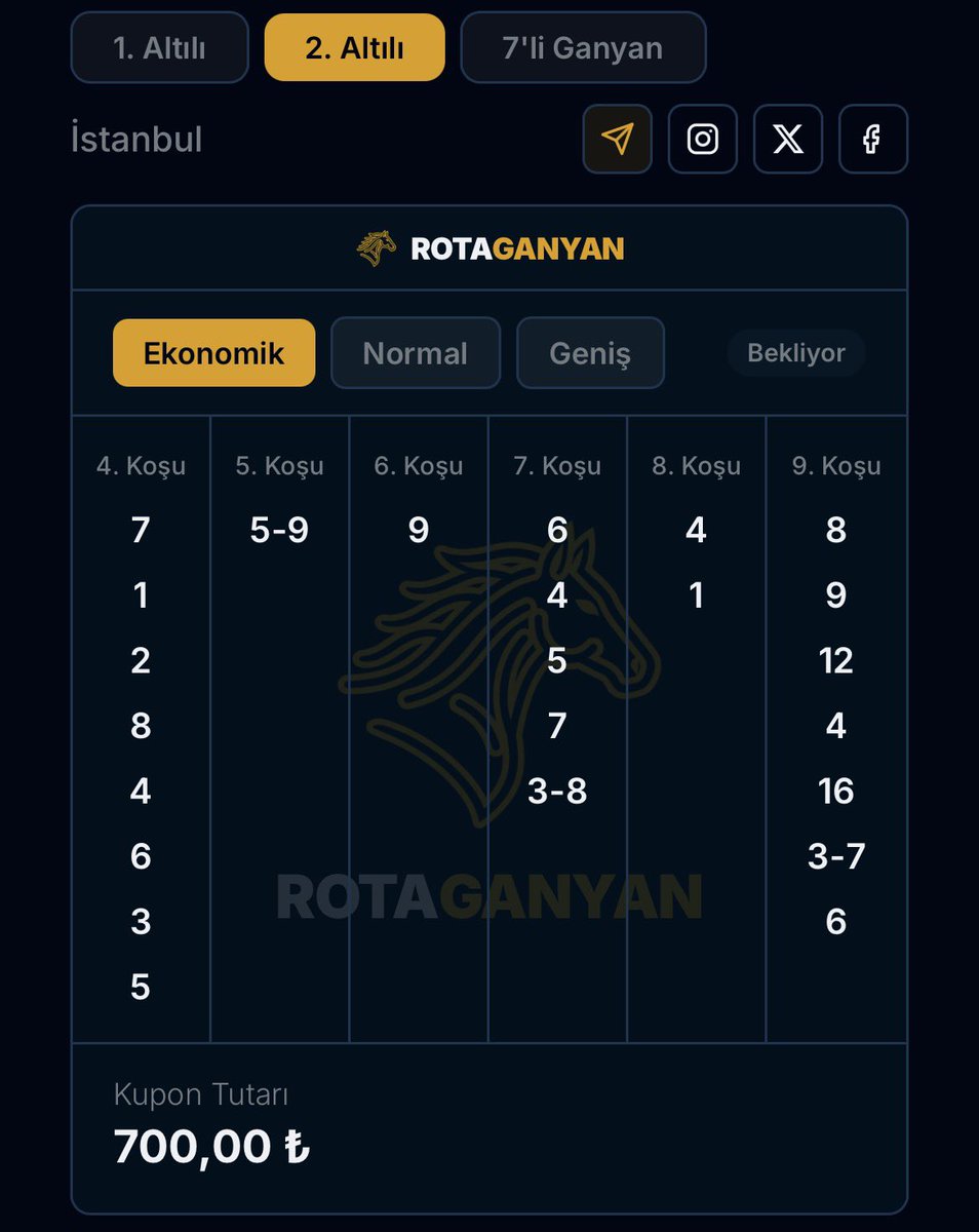 rotaganyantr's tweet photo. İstanbul Veliefendi hipodromu 2.altılı - 7li ganyan analiz ve tahminlerimizdir.
Diğer kurgu ve analizlerimize sitemizden ulaşabilirsiniz.
Bol şans diler her zaman kendi tercihlerinizin daha önemli olduğunu hatırlatmak isteriz. #tjk #banko #kupon #ankara #hipodrom #atyarisi #analiz #altiliganyantahminleri #veliefendihipodromu