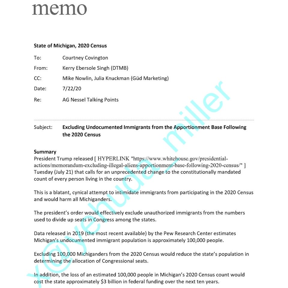 DeepLeaksHQ's tweet photo. BREAKING: A citizen journalist has obtained a BOMBSHELL internal memo from the Michigan Attorney General's office plotting how they would count illegals in the 2020 census to gain Congressional seats and $3 billion in federal funding 

"Excluding 100,000 [undocumented residents] from the 2020 Census would reduce the state's population in determining the allocation of Congressional seats."

"In addition, the loss of an estimated 100,000 people in Michigan's 2020 Census count would cost the state approximately $3 billion in federal funding over the next ten years."

The memo also included talking points to deflect  & coverup the whole thing from the people

This is exactly what @elonmusk has been warning about heading into the 2024 election and beyond