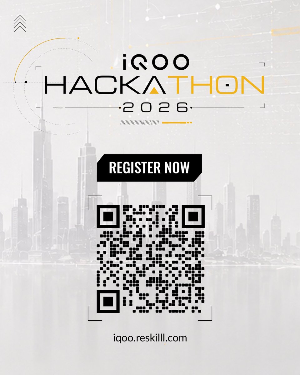 Reskilll's tweet photo. 2 DAYS LEFT! ⏳ The clock is ticking down to the iQOO Hackathon 2026 - Hyderabad City Battle.

🏆 Prize Pool: ₹6,00,000 per city battle
📅 Registrations closing on 22nd September!

👉 Swipe through to check out the prize split-up and format explainer, then scan the QR code or visit https://t.co/hrx53B4JJd to register now!

Part of India's ₹40,00,000 national prize pool! (T&C apply)

#GreatIdeasDontNeedDesks