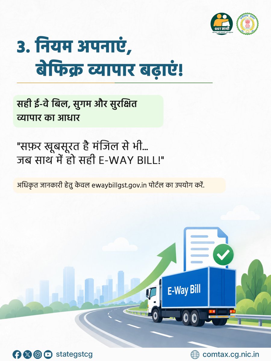 StateGSTCG's tweet photo. #EWayBill माल के परिवहन के लिए एक महत्वपूर्ण दस्तावेज़ है, जो माल की आवाजाही को तेज़, पारदर्शी और व्यवस्थित बनाने में सहायता करता है।
सही ई-वे बिल के साथ, चेकपोस्ट पर रुकावटें कम होती हैं और यात्रा सुगम हो जाती है, जिससे आपके व्य���साय को गति मिलती है। 🚛💨
#GSTSaathi #CGGST https://t.co/XnzF4uHm7C