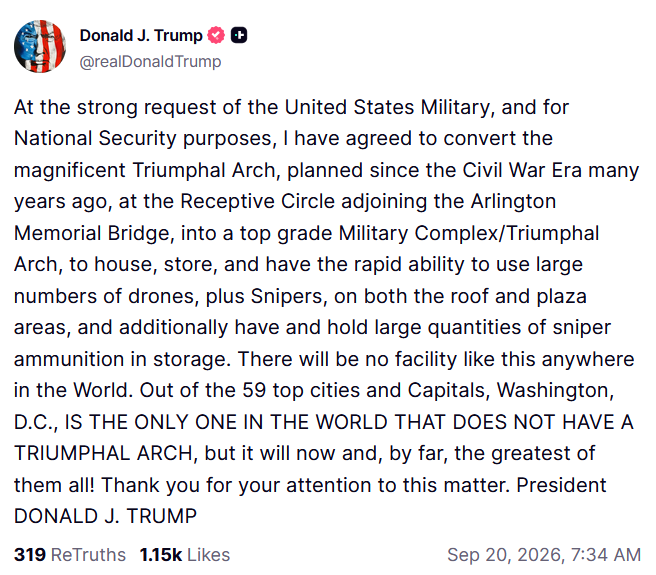 RoguePOTUSStaff's tweet photo. And now the reveal. The arch is going to be a SURVEILLANCE AND MILITARY WEAPONS PLATFORM.

There is only one purpose this can serve. To launch attacks against the people. You're not repelling a Chinese invasion with snipers from here.

This arch MUST BE STOPPED. https://t.co/S6tOd2Ce00