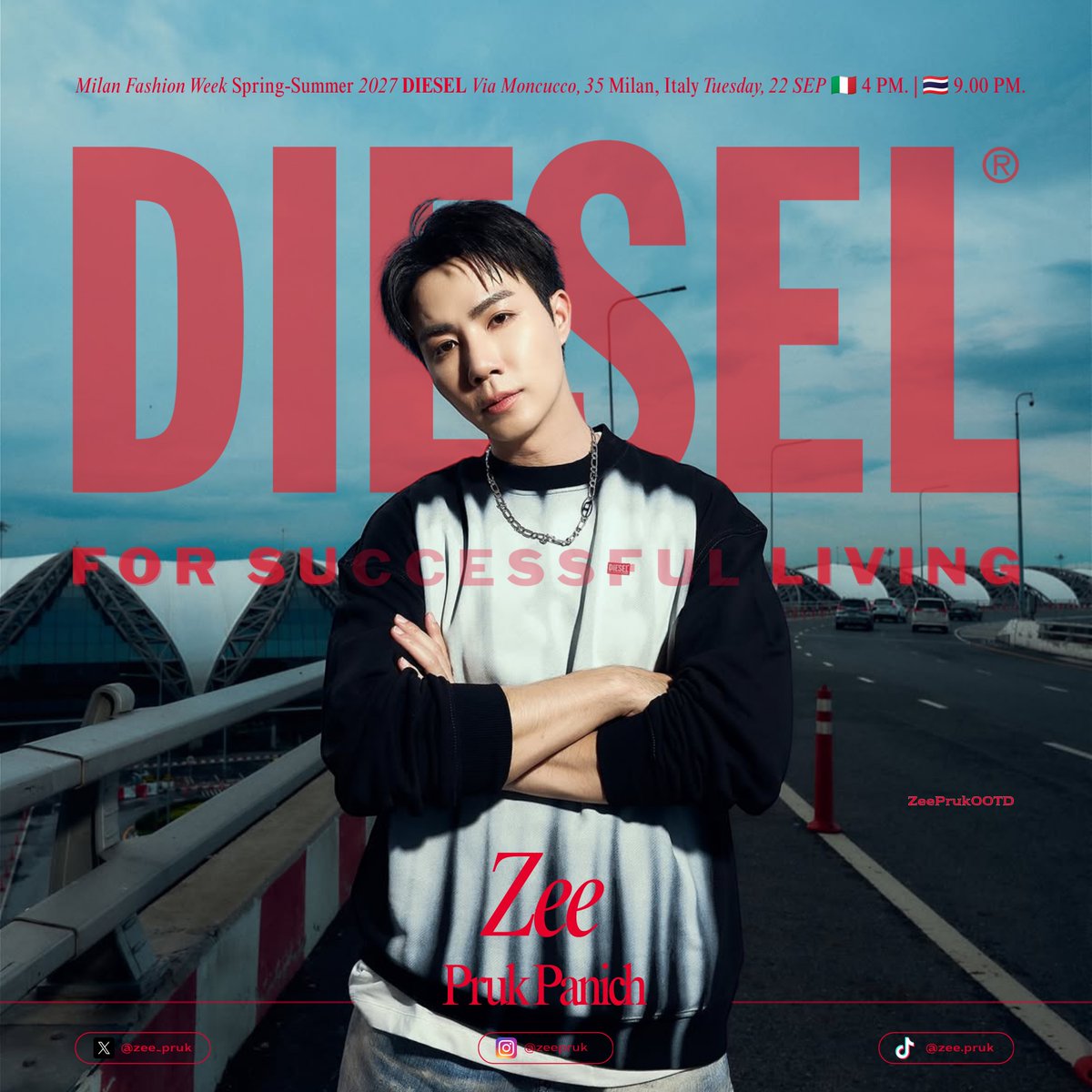 zeeprukOOTD's tweet photo. [ #ZeePrukOOTD ]  ✨ZeePruk with DIESEL in Milan Fashion Week SS27✨

พี่สุดหล่อพร้อม✅พวกเราพร้อม✅ไปมิลานกับพิสุดหล่อละค้า~~~~ 

@DIESEL 
@zee_pruk 

ZEE PRUK GO TO MILAN
#ZEEPRUKDIESEL
#DieselSS27

#Diesel #ForSuccessfulLiving
#ZeePruk https://t.co/o9Ayvg6mTX