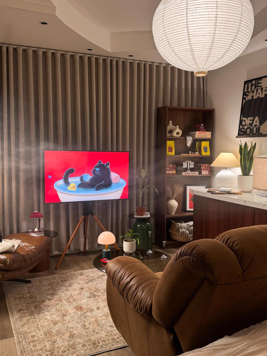 Interior Only on X: "Warm mid-century living room with rich leather ...