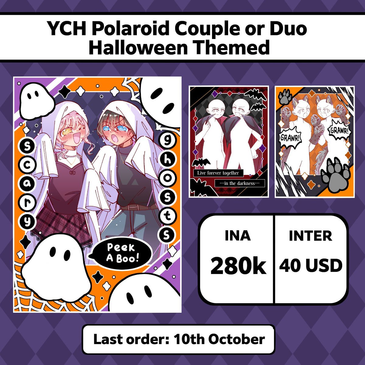 smilekanna_10's tweet photo. [❤ &amp; 🔁 are very appreciated]

Hello! I’m opening YCH Polaroid Couple or Duo Halloween Themed until 10th October🦇! 

You can order by DM or through my Vgen https://t.co/qchvfs4uGj! Thank you so much! 

#commisions #commision #opencommission #VgenOpen #Vgencomms #zonauang https://t.co/FpcBUyEB1P