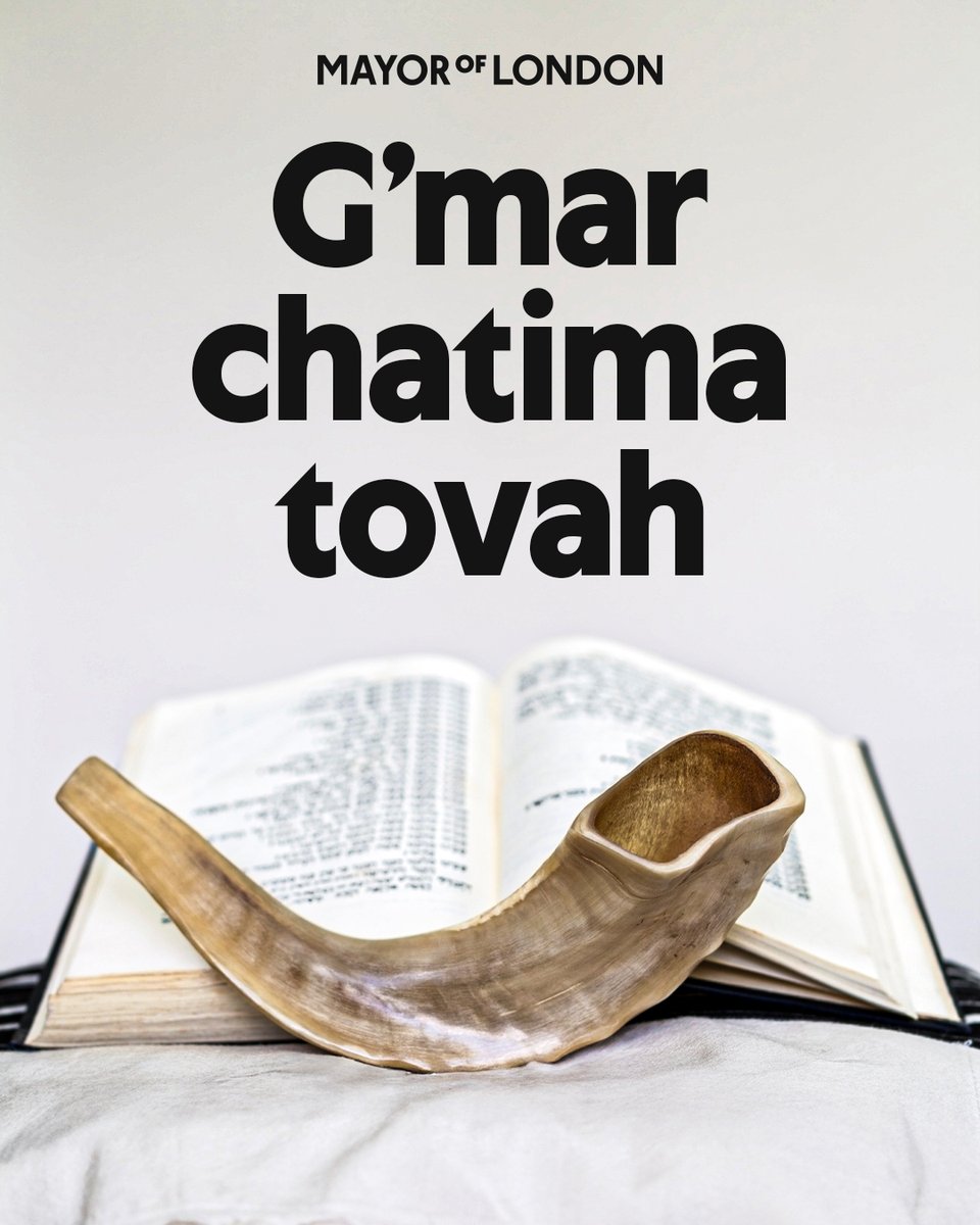 A shofar horn in front of a Torah, with text above reading "[Mayor of London logo] G'mar chatima tovah"