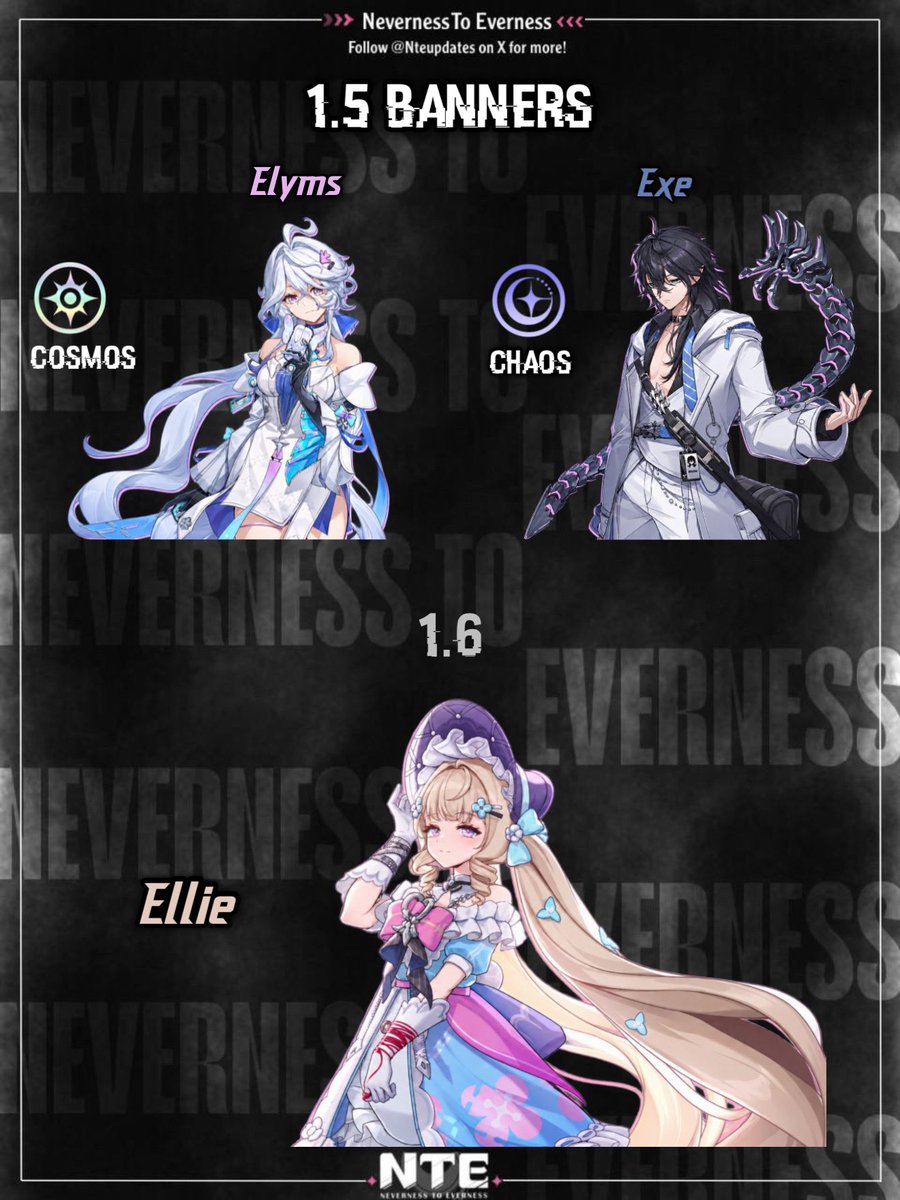 Nteupdates's tweet photo. That’s how the 1.5 &amp; 1.6 lineup looks like so far!

Looks like Nitsa will have to wait AGAIN for her turn…

Via Seele

#NTE #NevernessToEverness https://t.co/VzMIASS3PD
