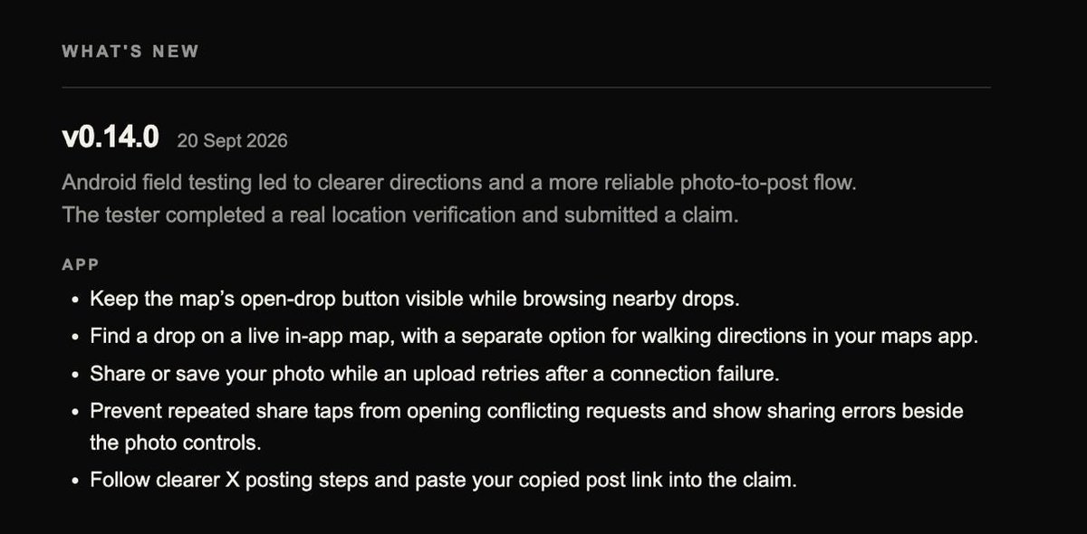 flooronrh's tweet photo. floor notes 006

out in the world. back with improvements.
android field testing brought a real location verification and a submitted claim—and useful feedback on the steps in between.

you can now find a drop on a live in-app map, with a separate option for walking directions in your maps app. map controls stay accessible while browsing nearby drops.

the photo-to-post flow is clearer too. you can share or save your photo while an upload retries after a connection failure. repeated taps no longer open conflicting sharing requests, and clearer x posting instructions guide you through adding your post link to the claim.

for creators, scheduling now uses a 24-hour clock, with quick options for opening in 6 hours, 12 hours, or 3 days.

rewards are easier to follow, with a simpler view of your total collected and current wallet balance. drops with no rewards left are marked “fully claimed,” and empty withdrawals are no longer offered.

real walks. real feedback. a better floor.