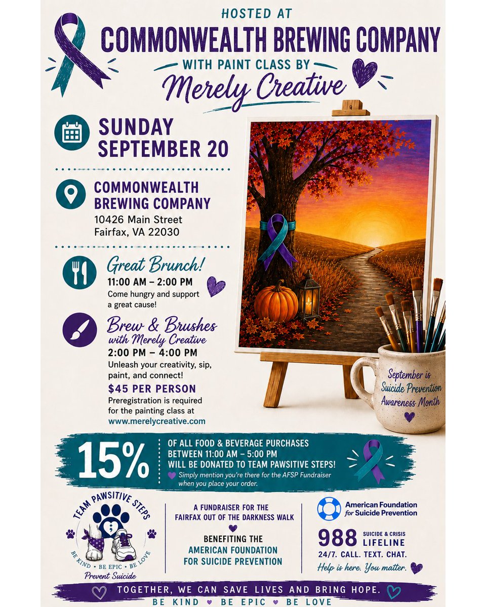 AFSPNCAC's tweet photo. 🩵 TODAY: Join Team Pawsitive Steps at Commonwealth Brewing Company in support the #Fairfax #OutOfTheDarkness Walk. 100% of Brew &amp; Brushes registrations and 15% of food &amp; beverage sales benefit #AFSP. 💜

https://t.co/p1LPwV9gsm https://t.co/xNIYYdGTRI