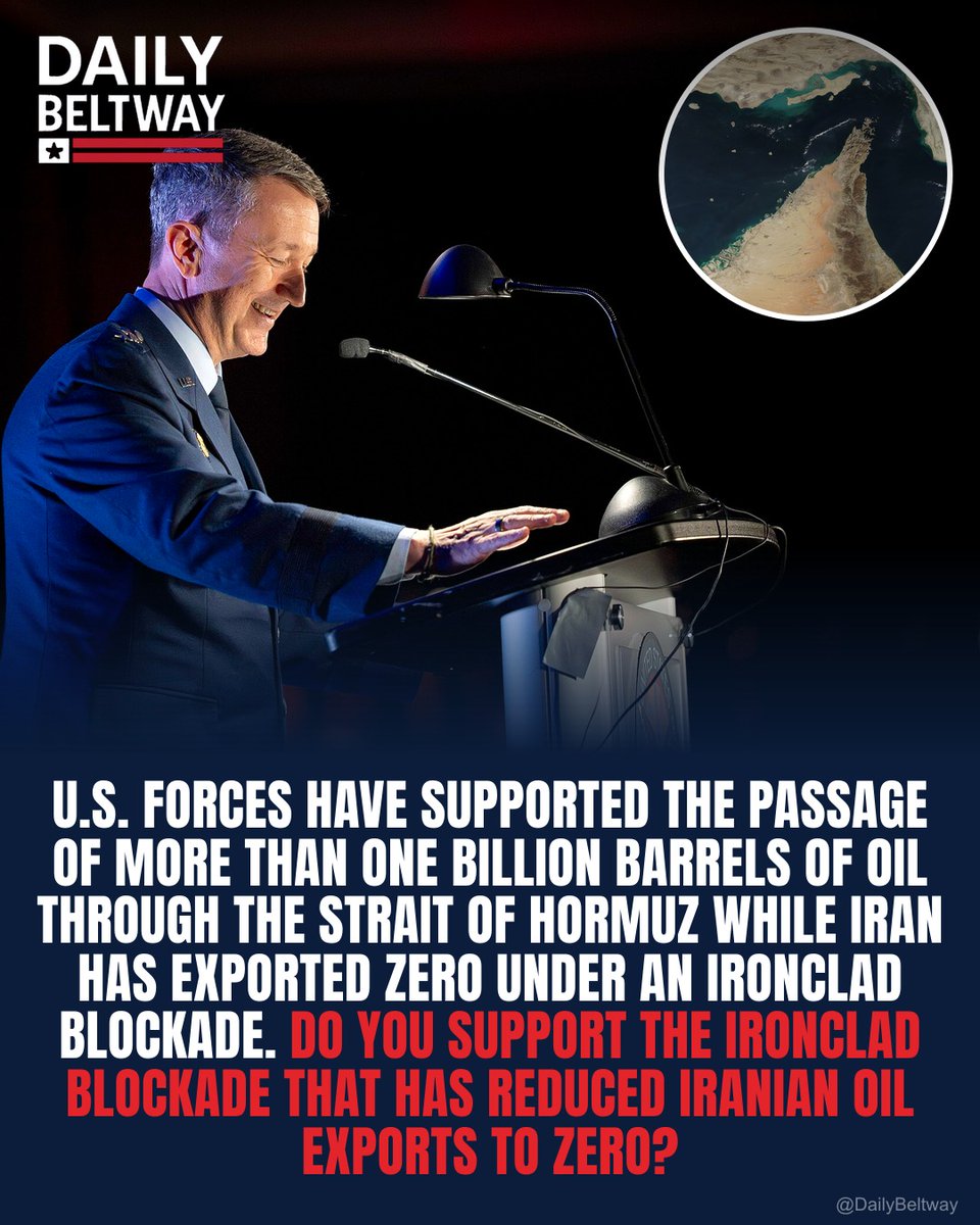 DailyBeltway's tweet photo. U.S. FORCES HAVE SUPPORTED THE PASSAGE OF MORE THAN ONE BILLION BARRELS OF OIL THROUGH THE STRAIT OF HORMUZ WHILE IRAN HAS EXPORTED ZERO UNDER AN IRONCLAD BLOCKADE. DO YOU SUPPORT THE IRONCLAD BLOCKADE THAT HAS REDUCED IRANIAN OIL EXPORTS TO ZERO? #Hormuz #Iran https://t.co/4br4HBf51w