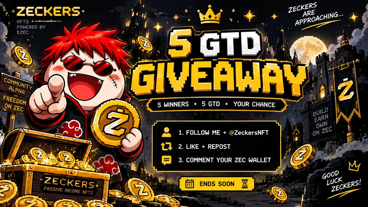 chiragxik76787's tweet photo. 5 GTD giveaway from @ZeckersNFT 👀

Zeckers are approaching and they’re giving me 5 GTD to share with you guys

To enter:  
• Follow me + @ZeckersNFT
• Like + repost this post
• paste your ZEC wallet 👇

Result in 24 hrs https://t.co/kJPzEfe3kD