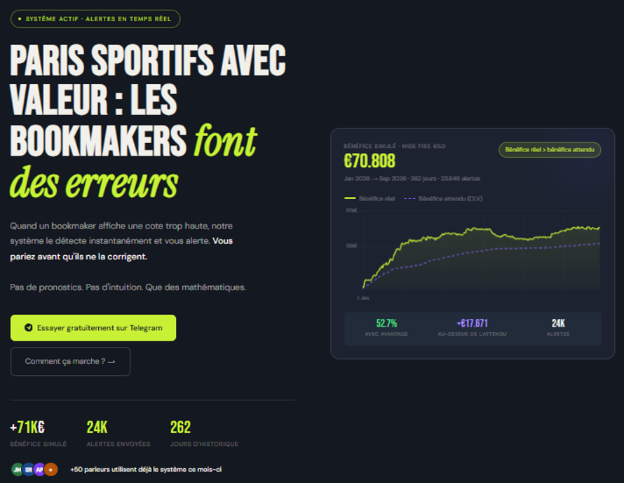 IntelTrusted's tweet photo. ✅ Pratiquer le value betting permet d’obtenir un avantage mathématique sur les bookmakers.    

Rien de magique : une approche basée sur les probabilités.

🤝 Tu débutes ? Aucun souci. On a conçu un algorithme qui identifie ces opportunités.

👉 https://t.co/rGSLzNQtwb

#teamparieur #teamparieurs