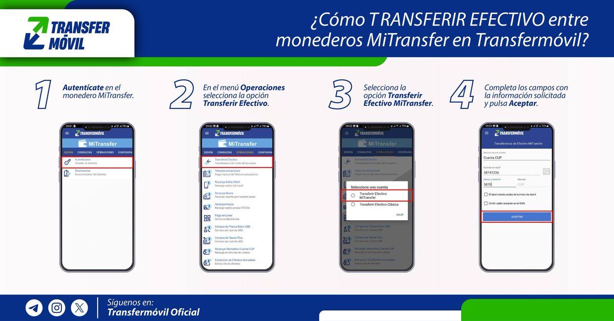 transfermovilcu's tweet photo. ¿Quieres transferir saldo de tu monedero MiTransfer a otro? 📲 
Puedes hacerlo con tan solo el número móvil del destinatario. 😉

📌 Si te encuentras autenticado en alguno de los bancos de la APK, debes cerrar sesión para autenticarte en MiTransfer y realizar la operación. https://t.co/wS7gZhpdaX