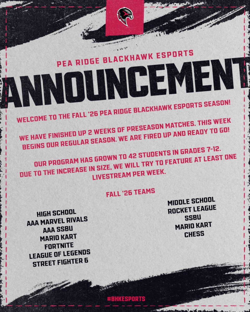 PeaRidgeEsports's tweet photo. Welcome to the Fall '26 Pea Ridge Blackhawk Esports Season! Regular season matches begin this week.
#esports #bhkesports #PlayVS https://t.co/tG9k4L6602