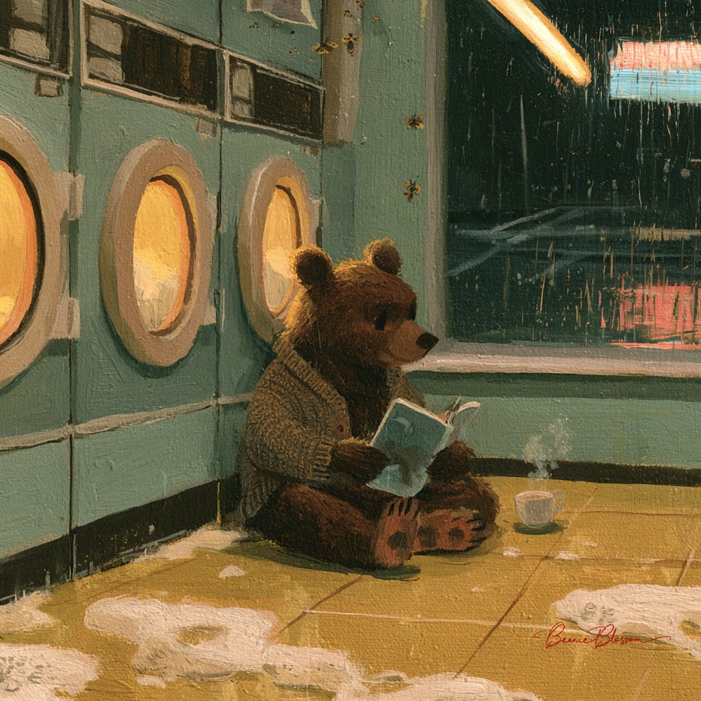BeanieBlossom's tweet photo. Prompt: A deeply strange and tender scene rendered in the visual language of 1970s children's book illustration thick gouache brushwork, muted mustard yellows, dusty rose, and faded sage green depicting a small brown bear in a hand-knitted cardigan sitting cross-legged on the linoleum floor of a narrow laundromat at 2am, reading a water-damaged paperback novel while the machines behind him tumble with soft golden light filtering through the porthole windows, soap suds drifting lazily across the floor tiles, a forgotten cup of chamomile tea steaming beside his paw, moths circling a single fluorescent tube overhead, the outside world visible through a rain-streaked plate glass window showing an empty parking lot slicked with neon reflections from a pharmacy sign across the street, the entire image wrapped in an atmosphere of quiet, uncomplicated solitude.
Feel free to join in :)
#AIArtWork #AIArt #AIArtists #AIArtCommunity #PromptShare