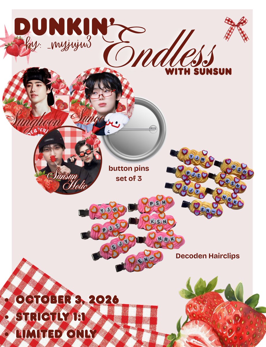 _myjuju3's tweet photo. DUNKIN’ ENDLESS FUNMEET
fan support by: _myjuju3 ೀ

9ৎ like and rts are appreciated
9ৎ strictly 1:1
9ৎ open for trades on d-day only!
9ৎ limited
9ৎ will give these out as freebies!

#DunkinPH_ENDLESS #ENDLESSFunMeet #ENHYPEN #DUNKINXENHYPEN https://t.co/QWvEoiuI90