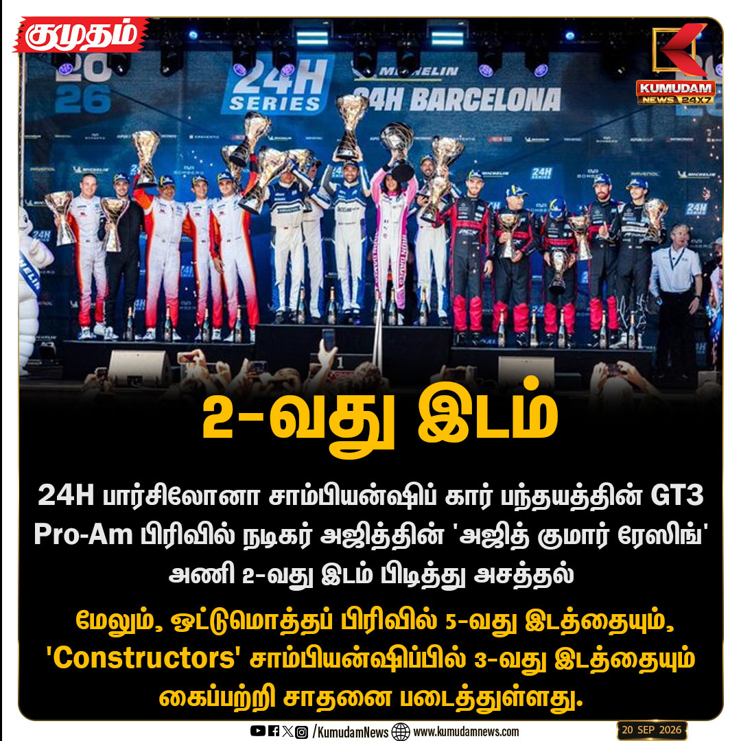 kumudamNews24x7's tweet photo. அஜித் குமார் ரேசிங் அணி அசத்தல்! 🏆🏎️

#AjithKumar #AjithKumarRacing #Barcelona24H #GT3 #ProAm #CarRacing #Motorsport #RacingNews #kumudamnews24x7

For more News: https://t.co/fGgh5jbfDk
For live Updates: https://t.co/VNnbXrBa54 https://t.co/VB97PkmVbz