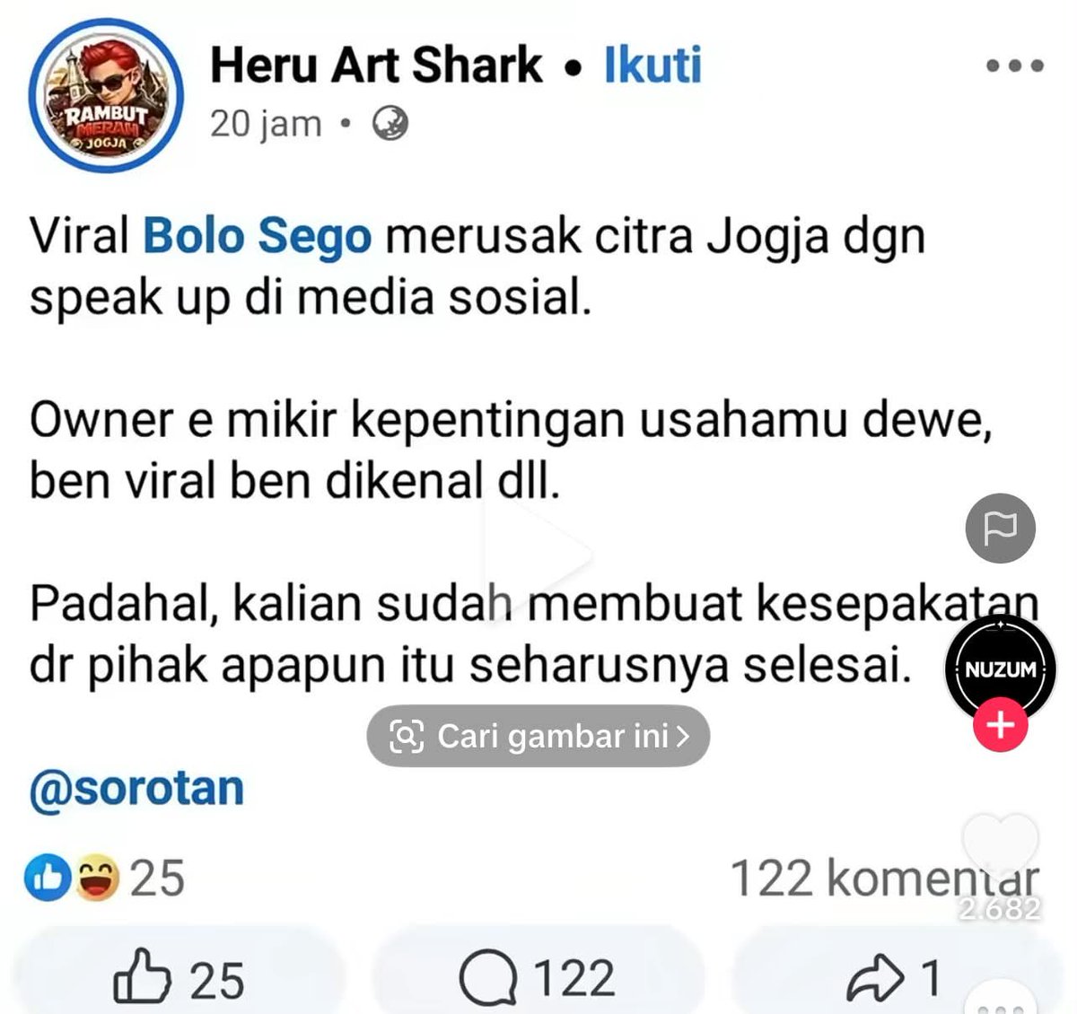 LambeSahamjja's tweet photo. lagi dan lagi ada warga yang  bilang bolo sego viral gara gara rusak citra jogja :
- lewat speak up di medsos
- katanya ownernya cuma mikirin kepentingan usaha sendiri 
- biar makin viral dan dikenal
- padahal menurut dia udah ada kesepakatan sama pihak manapun itu harusnya udah selesai