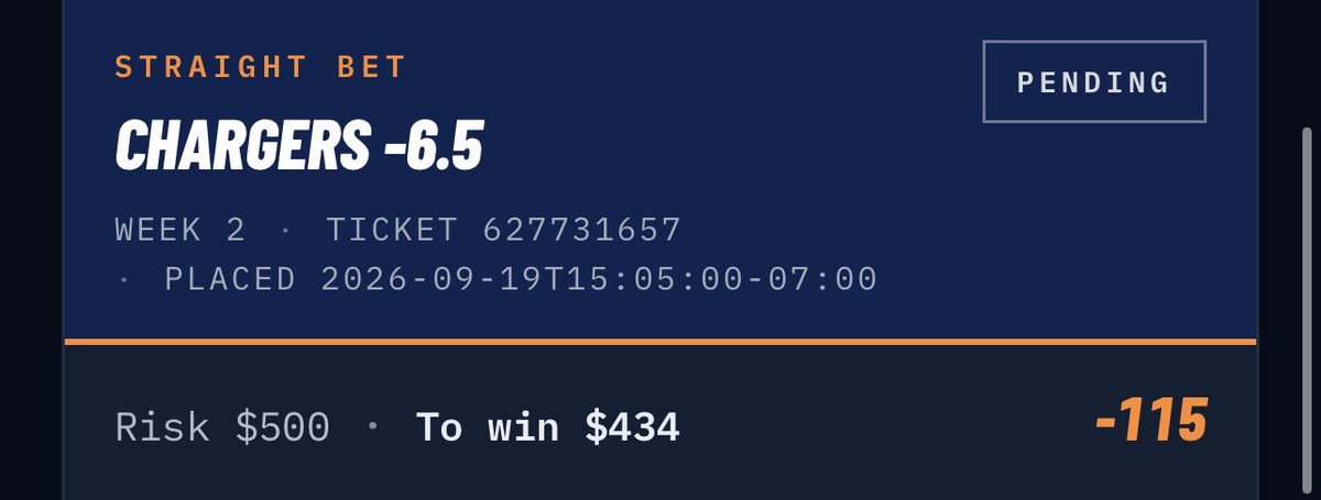 thecapricapper's tweet photo. Chargers -6.5
Chiefs -6.5
Bears -4.5
Panthers -2.5 https://t.co/ncsQpUQsXM