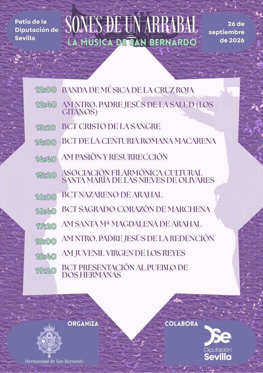 info_cofrade's tweet photo. 🎺 Relación de horarios y participantes en el certamen «Sones de un arrabal» organizado por la Hermandad de San Bernardo el próximo sábado en el patio de la Diputación Provincial. #SaludyRefugio #SanBernardo26 

📸: @HdadSBernardo https://t.co/j8kAao2Ewa