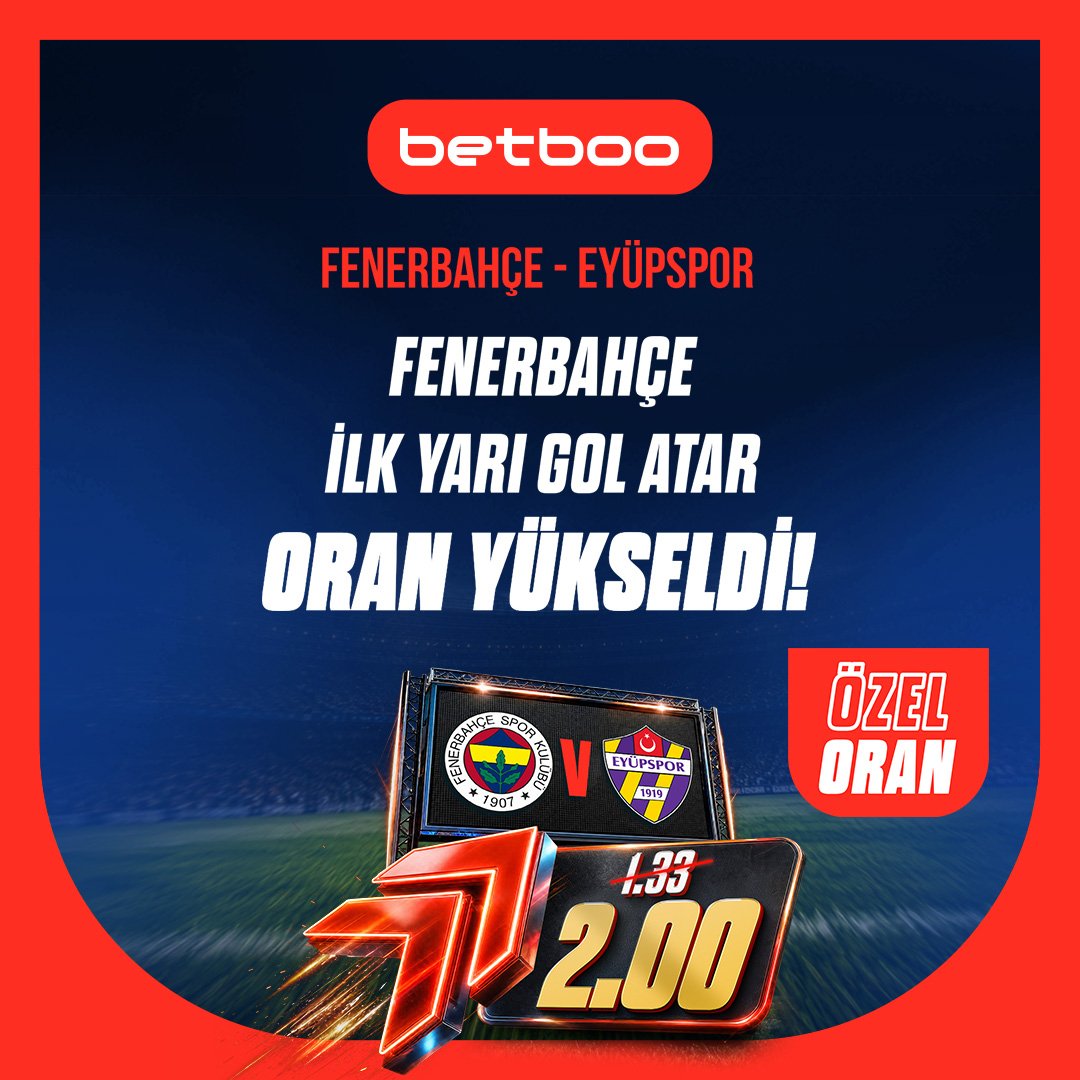 BetbooGuncelGir's tweet photo. Betboo ile Özel Oran! ⚽️

Fenerbahçe 🆚 Eyüpspor karşılaşmasında "İlk Yarı Gol Atar" oranı 1.33'ten 2.00'ye yükseldi! 

Kazanmak için 👉 https://t.co/l1GGcLhIsJ https://t.co/Bp8dVrssI3