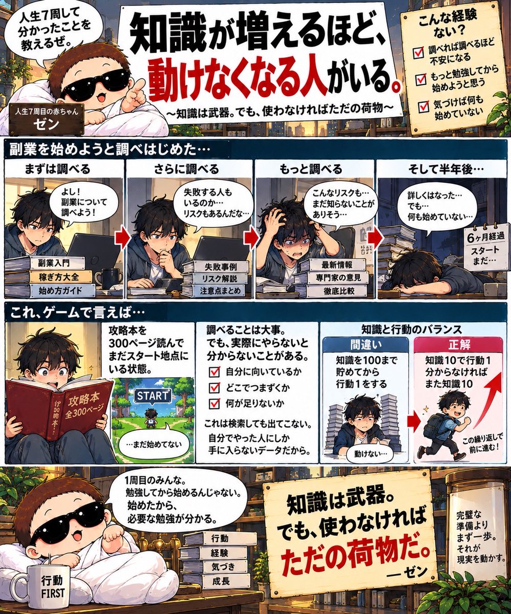 tensei_zen's tweet photo. 知識が増えるほど、動けなくなる人がいる。

本を読む。

動画を見る。

SNSで調べる。

詳しい人の話を聞く。

普通なら、

知識が増えるほど
行動できそうに見える。

でも人生7周して思う。

知識は、行動しない理由にもなる。

副業を調べる。

「失敗する人もいるのか…」

さらに調べる。

「こんなリスクもあるのか…」

もっと調べる。

「まだ知らないことがありそう…」

そして半年後。

詳しくはなった。

でも——

何も始めていない。

これ、ゲームで言えば、

攻略本を300ページ読んで、

まだスタート地点にいる状態。

もちろん、

調べることは大事。

でも、

実際にやらないと手に入らない情報がある。

「自分に向いているか」

「どこでつまずくか」

「何が足りないか」

これは検索しても出てこない。

自分でやった人にしか手に入らないデータだから。

1周目のみんな。

知識を100まで貯めてから、

行動1をする必要はない。

知識10で行動1。
分からなければ、また知識10。

この繰り返しでいい。

勉強してから始めるんじゃない。

始めたから、必要な勉強が分かる。