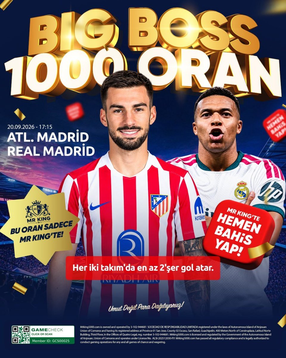 mrkingbonus's tweet photo. MADRİD DERBİSİNDE BİG BOSS 1000 ORAN 

Atl. Madrid - Real Madrid |  1000 ORAN 

Her İki Takım'da En Az 2'şer Gol Atar!

BU ORAN SADECE MR KING'TE! https://t.co/D4pj1zvUJf