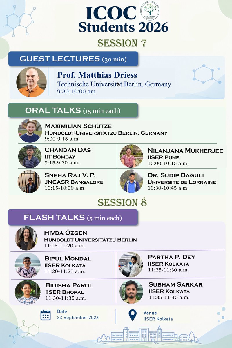 ICOC_Students's tweet photo. 🧪The line-up is here!🔥

ICOC Students 2026 is bringing together exciting scientific minds of ideas, discoveries &amp; discussion!

🔬Student Research Talks
💡Fresh perspectives. New chemistry.

🎤SESSIONS 7&amp;8
📅23 September 2026
📍IISER Kolkata
🔗Visit us: https://t.co/pFRUfSCh67 https://t.co/fjoPM7aS6j