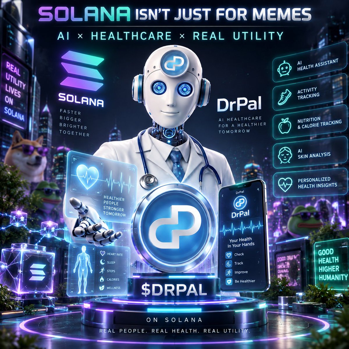 DrPAL_ai's tweet photo. Solana isn’t just for memes 👀

AI + Healthcare + real utility are here too. 🩺🤖

$DRPAL is building on Solana. 🚀 https://t.co/k8BIhOMjrm
