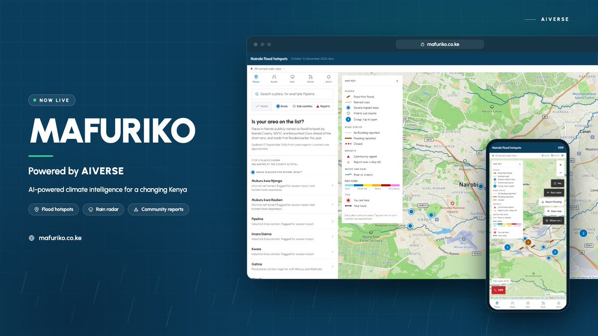 axmedalxender's tweet photo. Ahead of El Niño 🌧️, we knew we needed better ways to prepare and respond. So we built https://t.co/pG5V0HC3cI
Mafuriko is a community-powered early warning system for flooding.
Built from the ground up by @EsotericStrats , powered by @aiverseafrica , it brings together flood hotspots, rainfall data, affected roads and community reports
And anyone can report flooding, helping build a real-time picture of what’s happening on the ground.
🌐 https://t.co/HcixhpIIRq
#Elniño