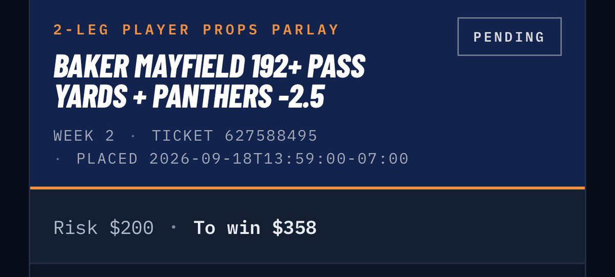 thecapricapper's tweet photo. +400 5 card teaser
+1278 🐕 parlay
Baker 192+ pass yards &amp; Panthers -2.5
Mahomes, Allen, Dart Anytime TD https://t.co/Y9GK7nqjpv