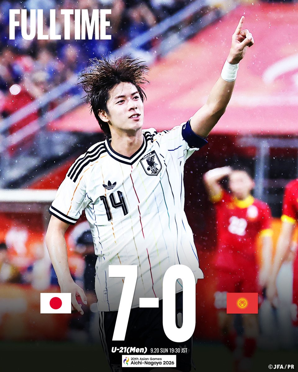 jfa_samuraiblue's tweet photo. 🔹️試合終了🔹️

🏆第20回アジア競技大会（2026／愛知・名古屋）
⚔️グループステージ第2節
🇯🇵#U21日本代表 7-0 キルギス代表🇰🇬

📱U-NEXTにて生配信

#サッカー日本代表 https://t.co/W5fP3Kcn1u