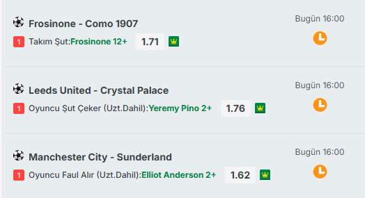 murtiddaa's tweet photo. 16:00 Seansı için tercihlerim. 

🆚Frosinone - Como 1907  #stake7
Takım Şut:Frosinone 12+ 1.71

🆚Leeds United - Crystal Palace #stake7
Ethan Ampadu 1+ şut 1.58

🆚Leeds United - Crystal Palace #stake8
Yeremy Pino 2+ şut 1.76

🆚Bournemouth - Liverpool #stake6
Alex Scott 2+ şut 2.49

🆚Manchester City - Sunderland #stake8
Elliot Anderson 2+ faul alır 1.62

Kombinemi aşağıdaki gibi yaptım. 4.88 oran
