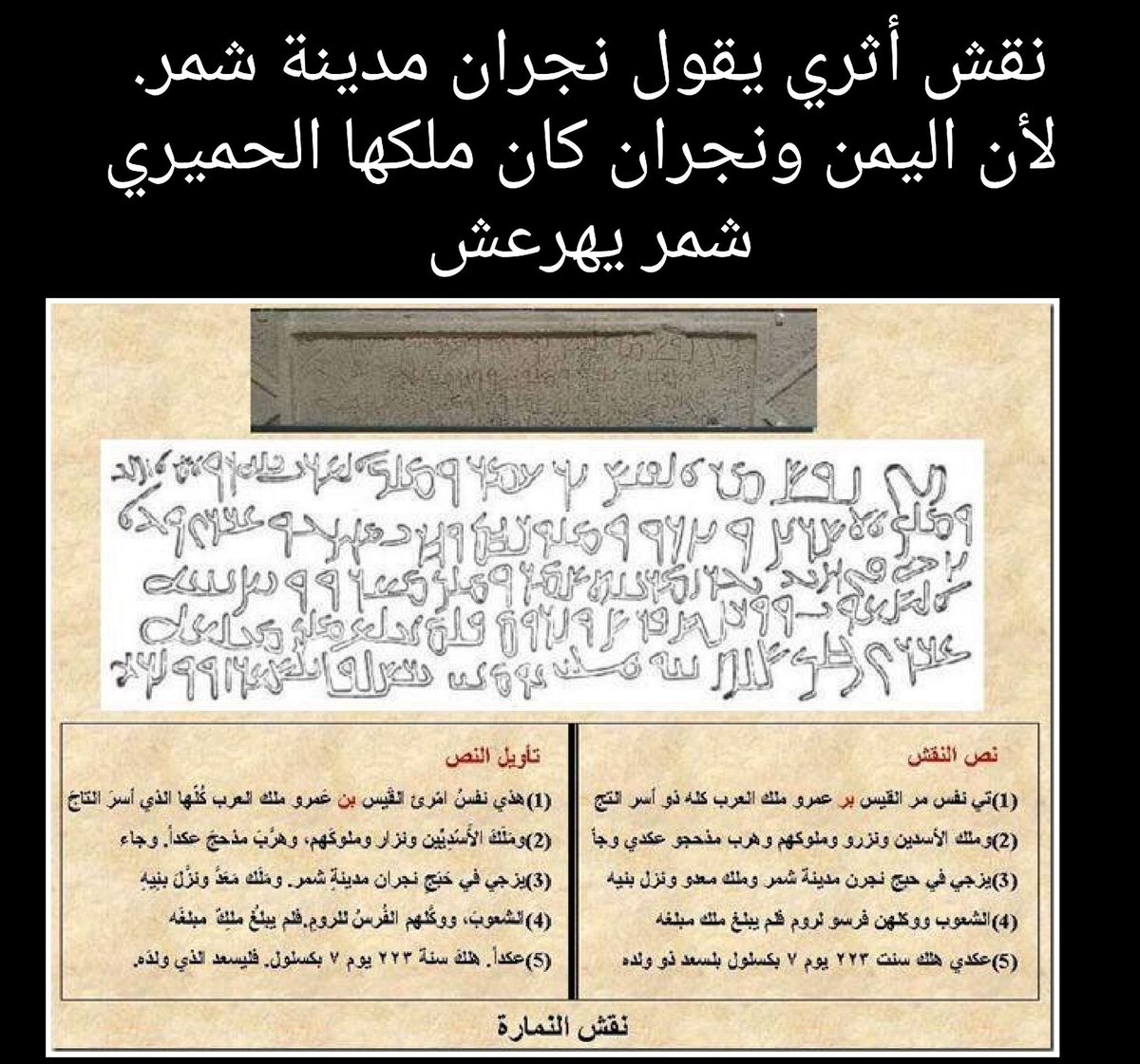 marthdAlrda3i's tweet photo. @Thamerct @CR_RONLD0 الكلام له بينه وشاهد تاريخي اثري 

الملك امرؤ القيس اللخمي وصف نجران بانها مدينة الملك اليمني شمر يهرعش🇾🇪

واليوم تسكنها قبيلة يام الحاشديه اصلها من صنعاء مركز حاشد وبكيل 

يا انك يامي اصلك من صنعاء ولا نازح من نجد مالك حق فيها https://t.co/e5uWzqQPMD