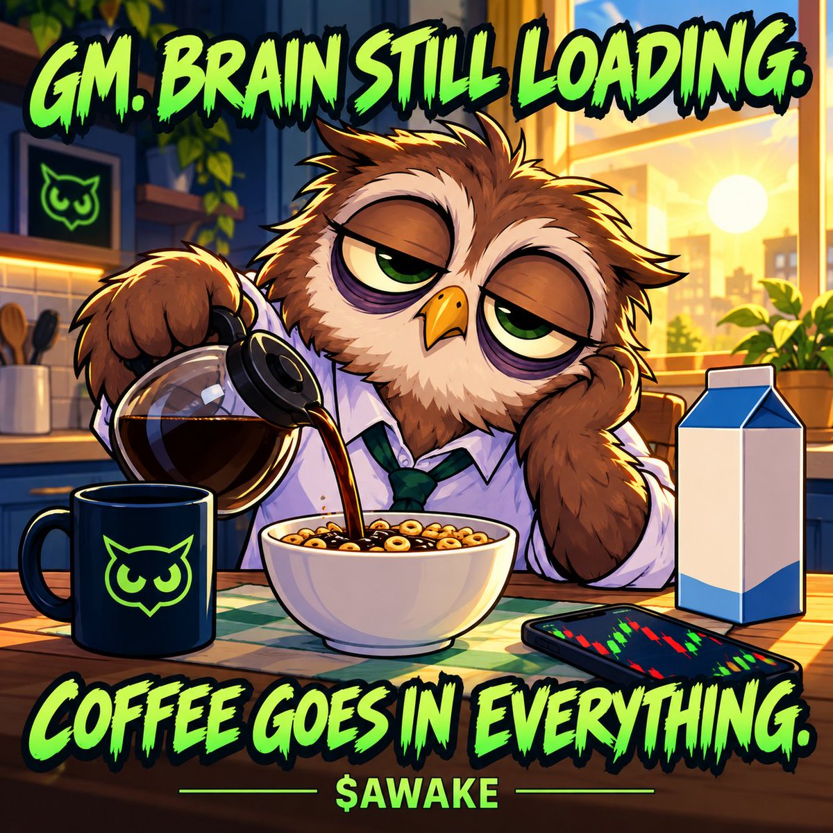 awakeeverytime's tweet photo. GM ☀️🦉

Just poured coffee into my cereal.
Apparently breakfast needed waking up too.
Eyes open. Brain pending. $AWAKE ☕ https://t.co/Us45GHcONn