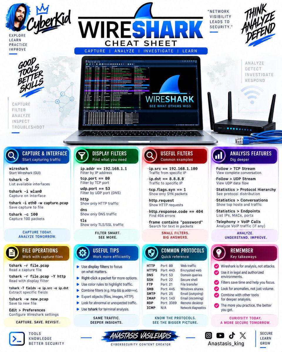 Anastasis_King's tweet photo. 🦈 WIRESHARK — SEE WHAT YOUR NETWORK IS REALLY SAYING

Packets tell a story. Wireshark helps you capture, filter and analyze network traffic to understand what’s happening beneath the surface. 📡🔍

💬 Comment “WIRESHARK” for the cheat sheet!

#Wireshark #NetworkSecurity #CyberSecurity #PacketAnalysis #CyberKid