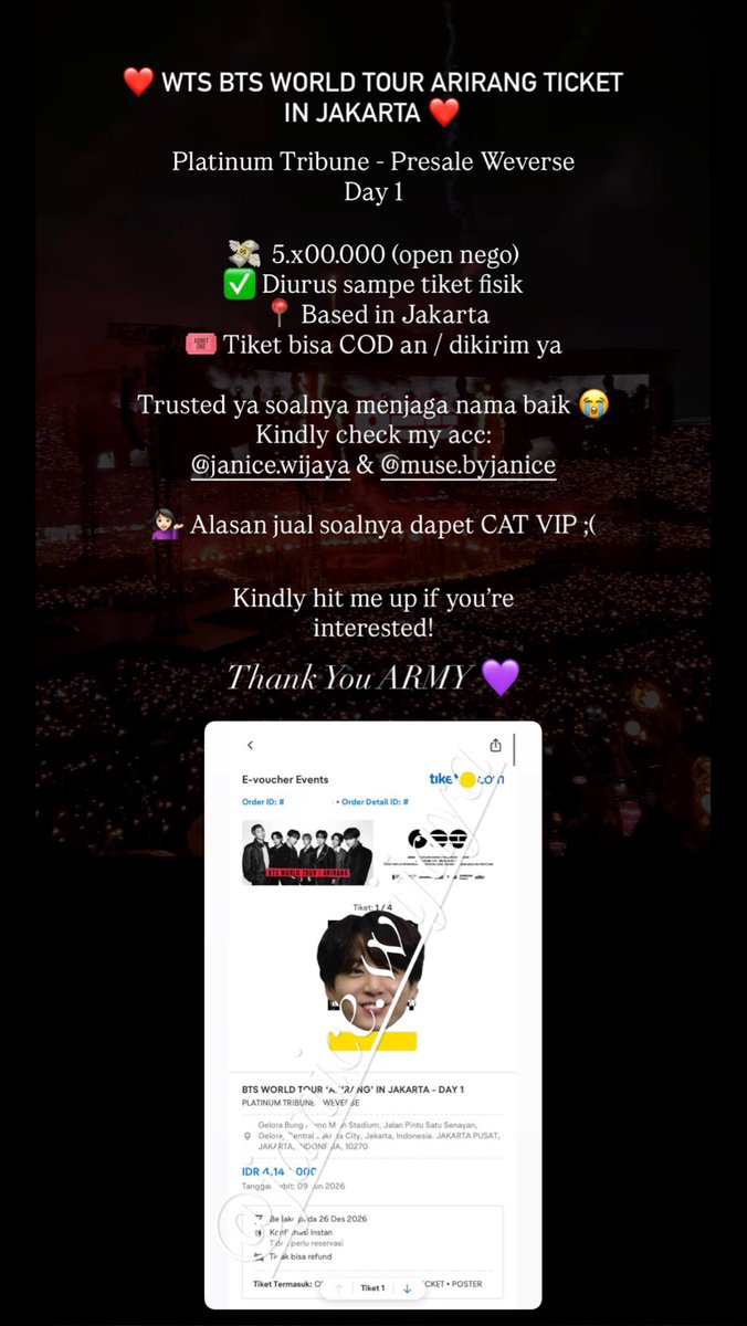 imjennerouss's tweet photo. @coztaeby hii kak! aku ada tix PRESALE bts platinum tribune day 1 nih 💟🥰 kalau minta boleh dm aku ya, soalnya aku gabisa dm duluan :( semoga cocokk 🫰🏼 https://t.co/qepLmserhb
