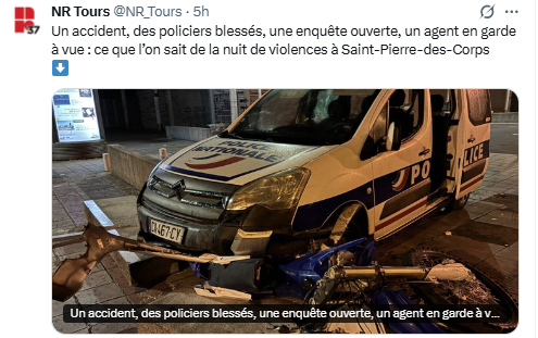 Ulkorr's tweet photo. @NR_Tours correction de fake news:

ce n'était pas un "accident" mais un percutage type coupd de bélier de flics confirmés sous alcohol https://t.co/LNkF8AyP03