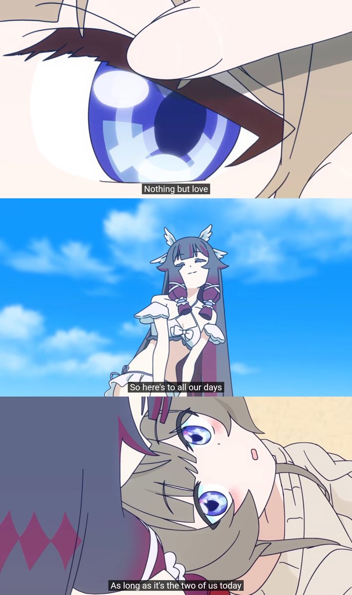 overmachen's tweet photo. sandrone blushing at columbina in a cute swimsuit while the lyrics talk about how there's nothing but love between them and how they're the only one for each other and how they're so content with each other's presence in their lives...... oh sandbina..... https://t.co/Ibq9KFaXCN