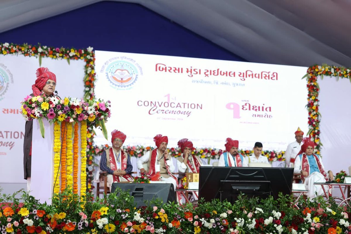 CMOGuj's tweet photo. મુખ્યમંત્રીશ્રીએ પદવી પ્રાપ્ત કરનાર તમામ વિદ્યાર્થીઓને તેમના ઉજ્જવળ ભવિષ્ય માટે શુભકામનાઓ પાઠવતા જણાવ્યું હતું કે, આ માત્ર પ્રથમ કોન્વોકેશન નથી, પરંતુ માનનીય વડાપ્રધાનશ્રી નરેન્દ્રભાઈ મોદીના વિઝનથી થયેલા ‘ટ્રાયબલ યુથ ટ્રાન્સફોર્મેશન’નું પ્રથમ સેલિબ્રેશન છે.

મુખ્યમંત્રીશ્રીએ રાજ્યના આદિવાસી વિસ્તારોમાં ઉચ્ચ શિક્ષણની ઉપલબ્ધ બનેલી સગવડો તેમજ આદિવાસી વિદ્યાર્થીઓના શિક્ષણ માટેની વિવિધ યોજનાઓની રૂપરેખા આપવાની સાથોસાથ વિદ્યાર્થીઓને માત્ર યોજનાઓના લાભાર્થી નહીં પરંતુ દેશના વિકાસના ભાગીદાર બનવા અને પ્રાપ્ત જ્ઞાન તથા કૌશલ્ય થકી ‘રાષ્ટ્રહિત પ્રથમ’ની ભાવના સાથે ‘વિકસિત ભારત, વિકસિત ગુજરાત’ના નિર્માણમાં યોગદાન આપવા અનુરોધ કર્યો હતો.