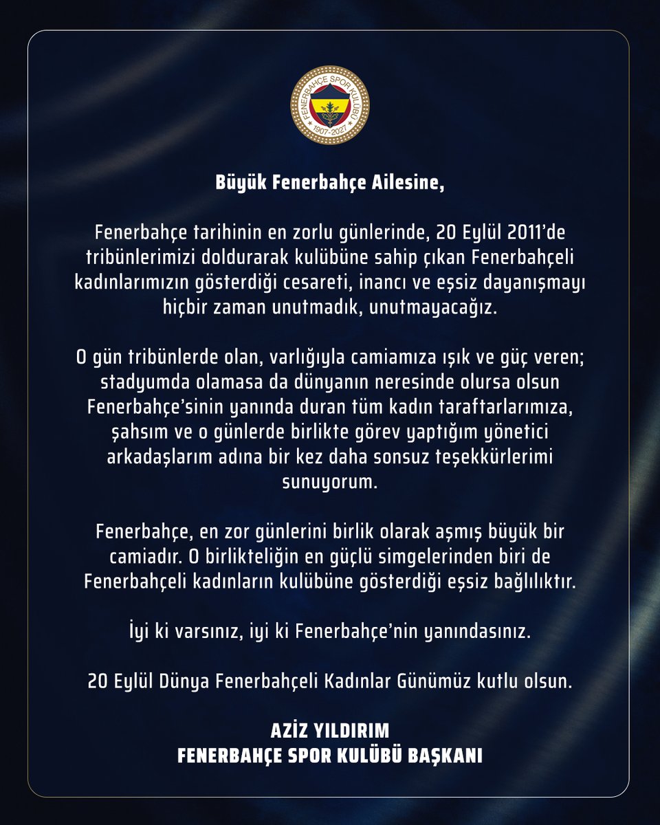 Fenerbahce's tweet photo. Başkanımız Aziz Yıldırım'ın, 20 Eylül Dünya Fenerbahçeli Kadınlar Günü mesajı https://t.co/54PLoJyhZf