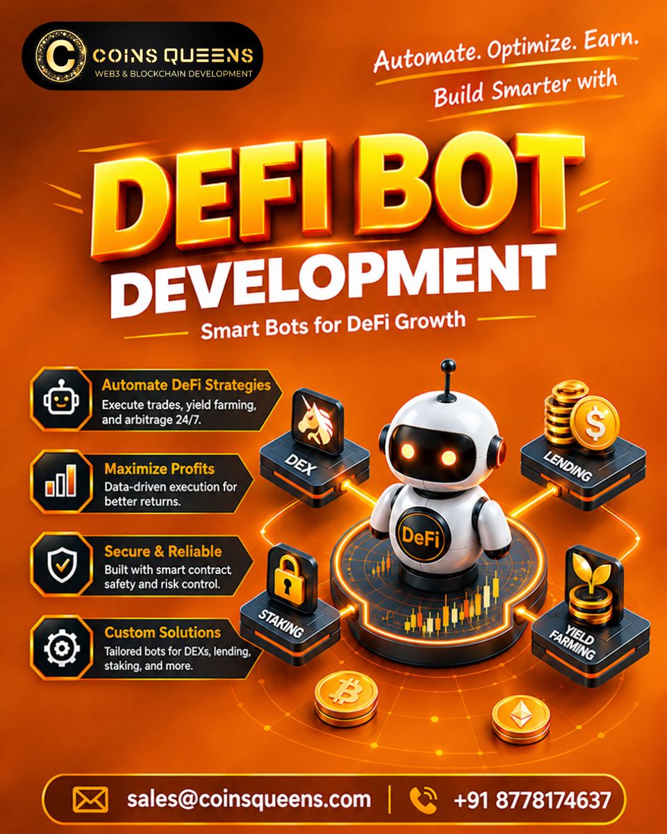 CoinsQueens's tweet photo. Automate DeFi operations with smart contracts, APIs, liquidity pools, and execution logic through DeFi Bot Development. Visit: https://t.co/wlwWZrbgkI
Talk to Our Experts:
Phone: +91 8778174637
Email: sales@coinsqueens.com
#DeFiBotDevelopment #DeFiBot #Blockchain #us #uk #uae https://t.co/VBM82p44u2