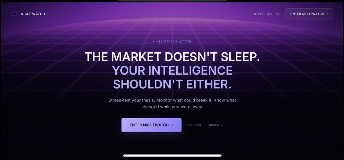 Nightwwatch's tweet photo. The market doesn’t sleep. Your intelligence shouldn’t either.

NightWatch is an autonomous thesis-to-trade intelligence desk.

Think → Challenge → Trade → Watch → Reassess.

Built for the @Bitget_AI Hackathon. https://t.co/Qxjc7uGN9m