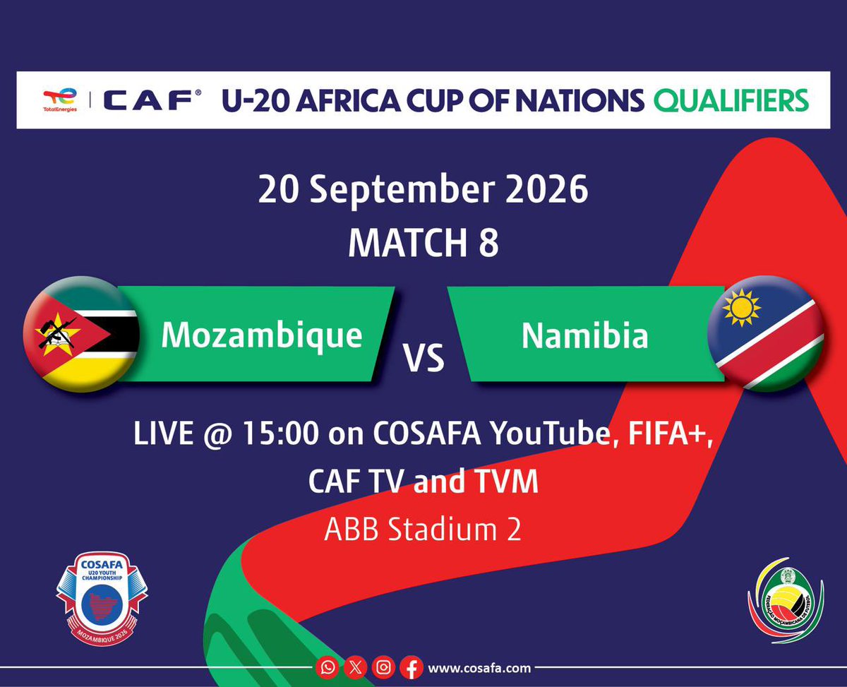 COSAFAMEDIA's tweet photo. MATCHDAY!
MOZAMBIQUE 🇲🇿 🆚 🇳🇦 NAMIBIA
🕒 15:00
📍 ABB Stadium
📺
https://t.co/8egB597VSo
The Mambinhas return to action. Let the battle begin! 🔥⚽️
#COSAFAU20 #COSAFA #MOZvNAM #Matchday #Maputo2026 #Football https://t.co/l9nOK1RoVs