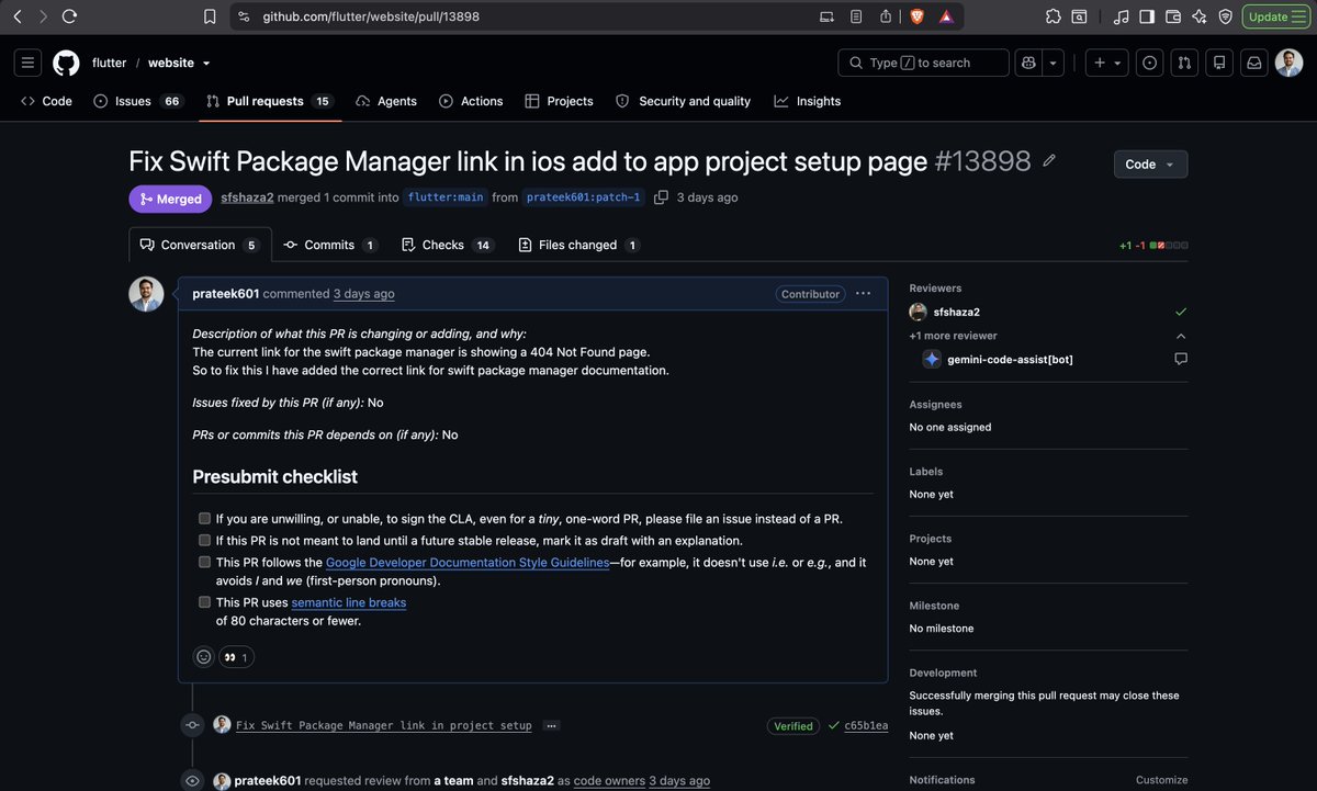 jprateek6011's tweet photo. My first open-source contribution! 🚀
Recently, my 2 PRs got merged into the @FlutterDev website repo. Both PRs aimed at improving the documentation.
PR Links -
• https://t.co/YFIE6wo1m4
• https://t.co/g3JohThomf
#flutter #opensource #firstcontribution https://t.co/VSAYttzb3u