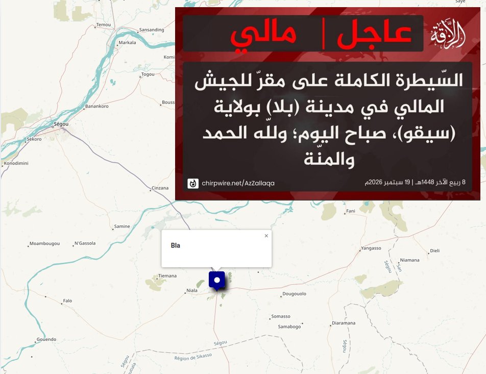 CEENASA396971's tweet photo. 🇲🇱 #Info #MALI #Urgent 🇲🇱

On September 19, #JNIM claimed control of a Malian army headquarter in the town of #Bla, #Ségou region in the morning. https://t.co/Am0aYgJufB