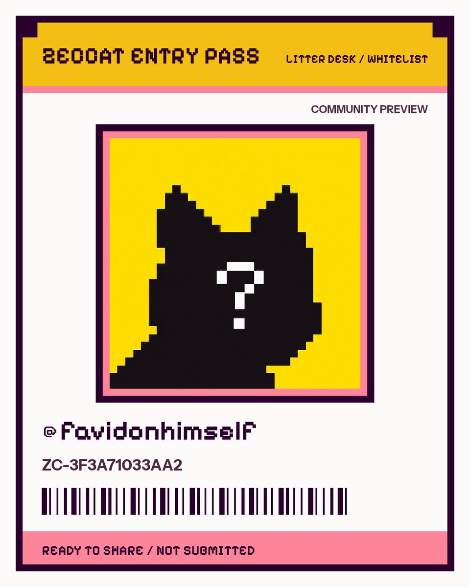 FAVIDONHIMSELF's tweet photo. I'm applying for the @zeccatnft whitelist. 

My Zeccat Entry Pass is ZC-3F3A71033AA2. 
Community preview only. 

Have you applied for yours? https://t.co/CkhYN26hse