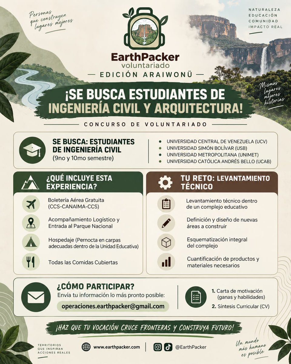 EARTHPACKER25's tweet photo. 🌎 ¡EARTHPACKER VOLUNTARIADO | EDICIÓN ARAIWONÜ! 🎒🌿
¡Estamos buscando estudiantes de Ingeniería Civil y Arquitectura que quieran poner sus conocimientos al servicio de una comunidad y vivir una experiencia única en Canaima! 🏕️ https://t.co/g1OpwTPcqc