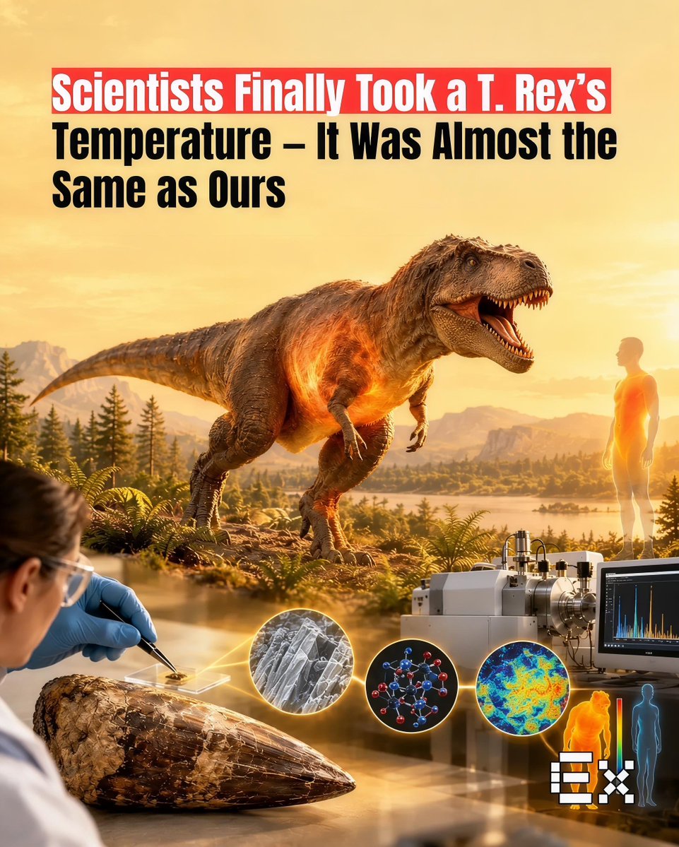 ElementiaX's tweet photo. Scientists analyzed fossilized T. rex teeth and found an estimated body temperature of 97°F (36°C)—remarkably close to humans.

The finding supports the idea that T. rex was warm-blooded and metabolically active, helping explain how it survived in colder environments. https://t.co/s5T8iOvKy1